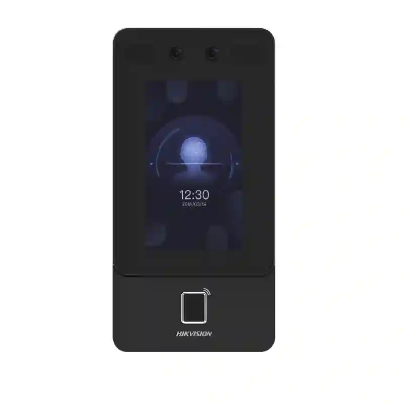 Hikvision DS-K1T342MFWX-E1 facial recognition attendance terminal with 4.3-inch touchscreen, WiFi connectivity, fingerprint scanner, and RFID card support for office access control and time attendance.