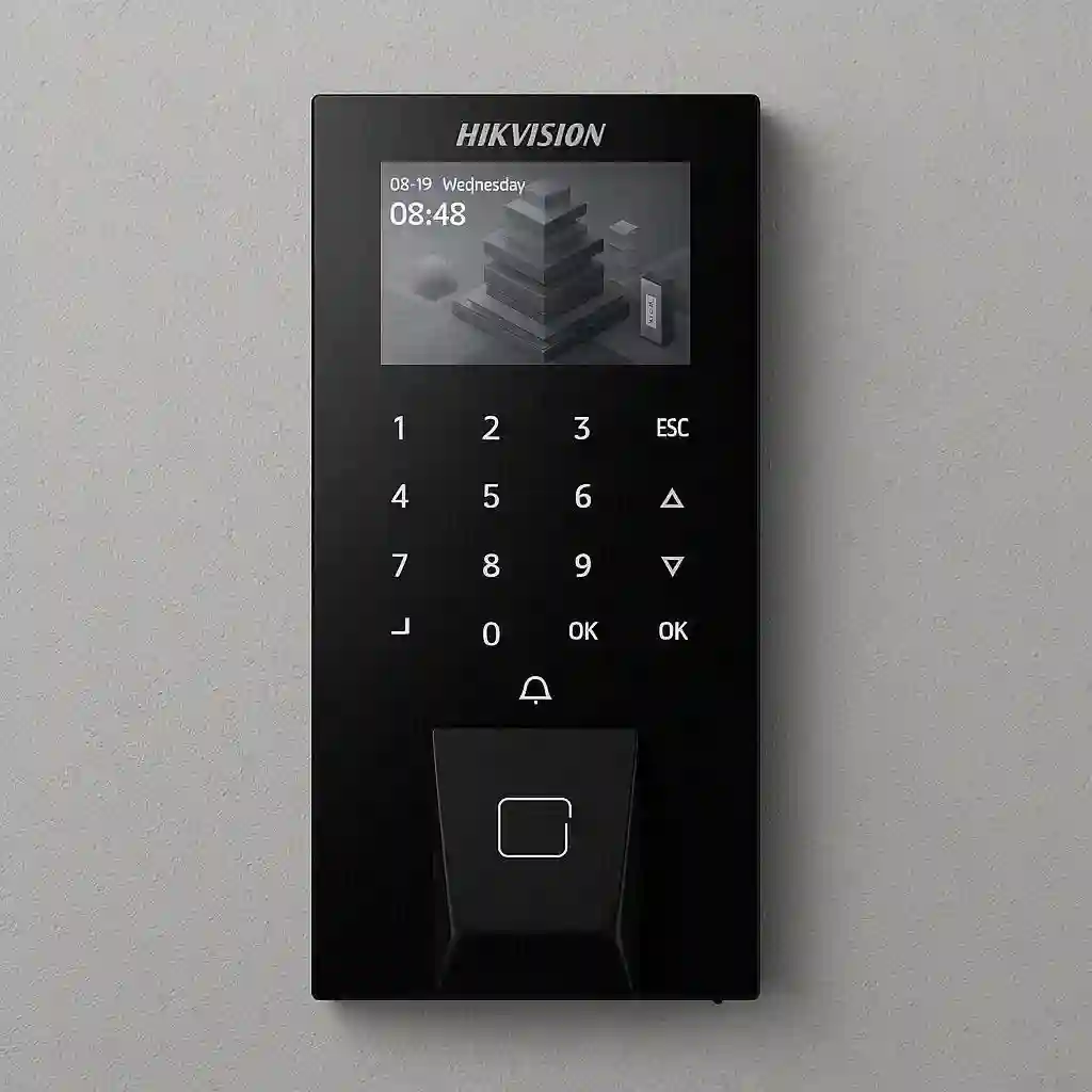 Hikvision DS-K1T807MBFWX-E1 fingerprint access control terminal with RFID card and PIN authentication for secure door entry and attendance management