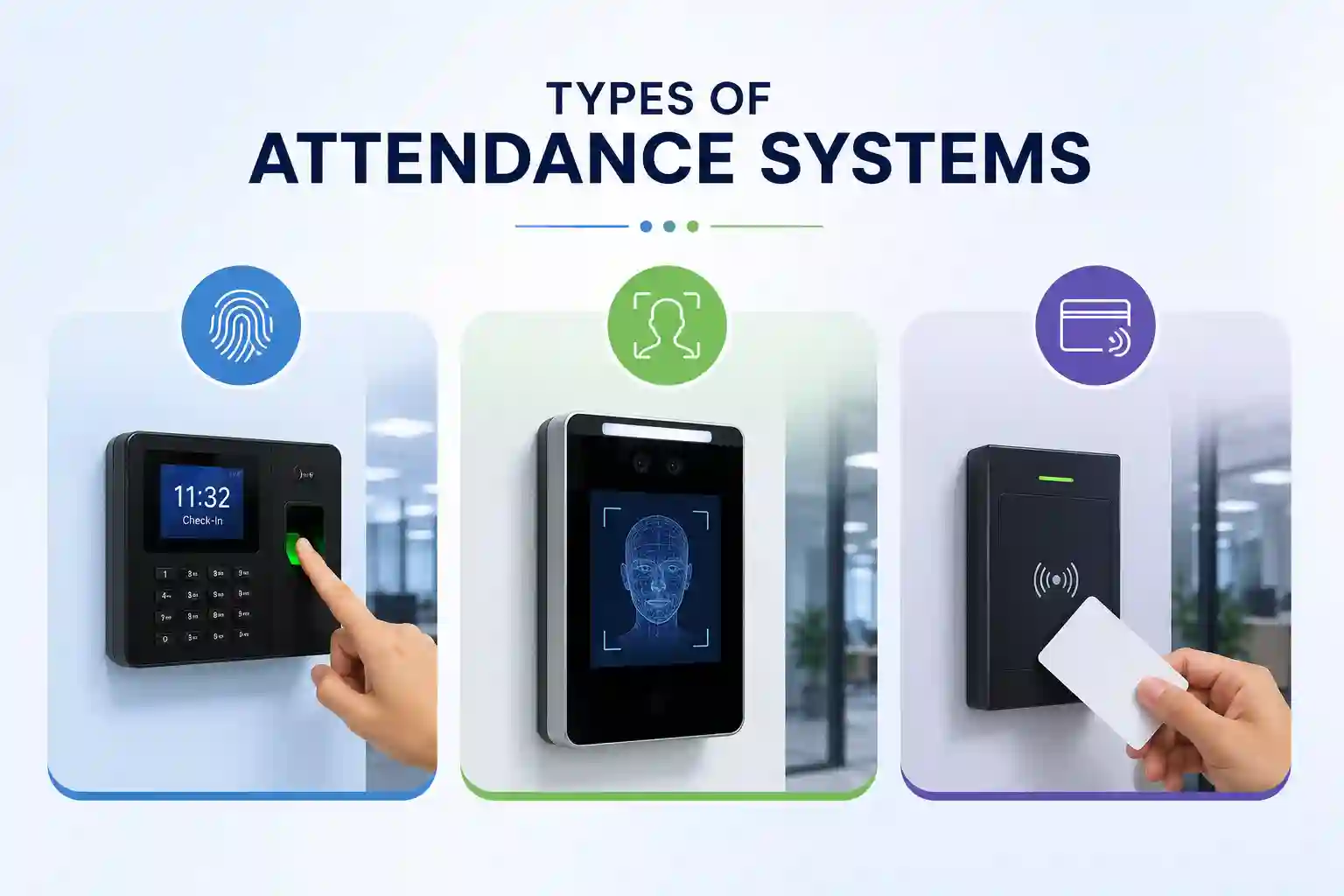 Different attendance systems, including fingerprint biometric, face recognition, RFID card-based, and geo-fencing mobile GPS attendance solutions used for employee time tracking