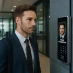 Corporate office entrance with facial recognition access control and attendance system