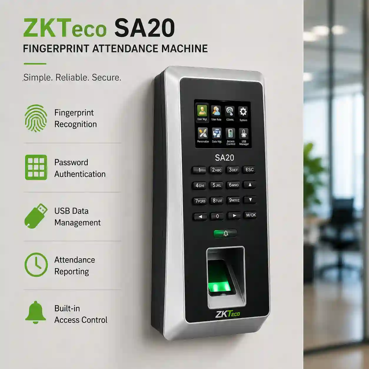 ZKTeco SA20 fingerprint attendance machine with biometric fingerprint scanner, keypad, and display for employee time attendance and access control.