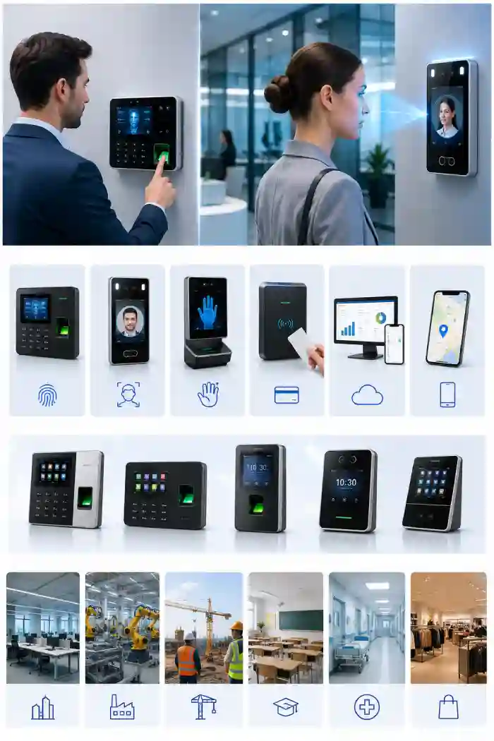 Employee using facial recognition and fingerprint time attendance machine in a modern office environment for workforce attendance tracking.