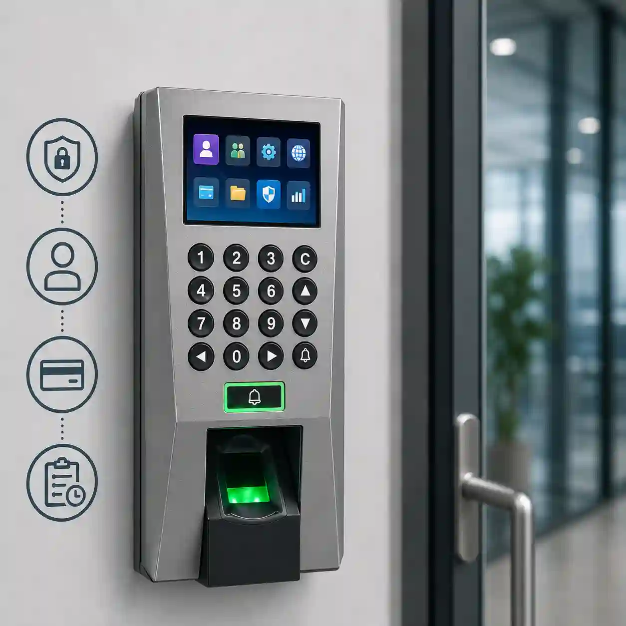 ZKTeco F18 fingerprint access control and attendance system with biometric fingerprint scanner, keypad, and color display for secure employee access management.